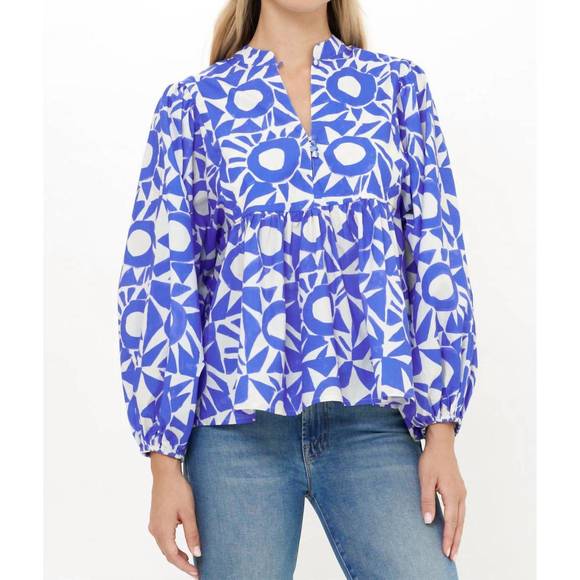 NEW OLIPHANT mandarin long balloon sleeves top in eclipse blue - Picture 3 of 3